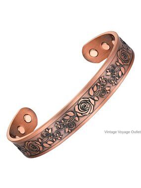 Pure Copper Bangle Bracelet Adjustable Cuff Floral Detail Gift
